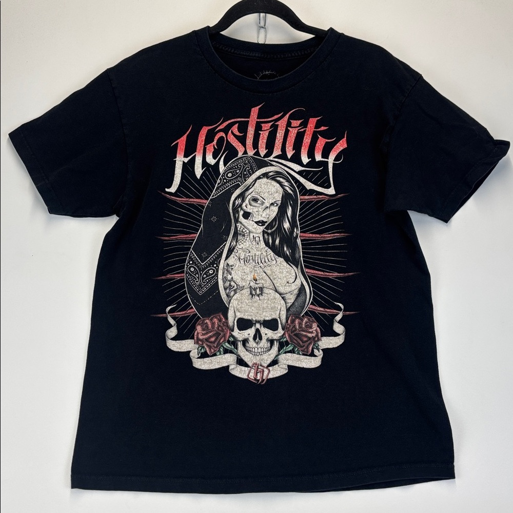 HOSTILITY Brand Skull Graphic T-Shirt Black Size Large